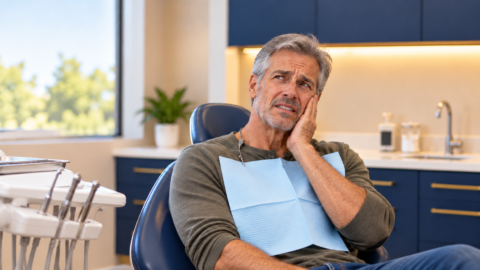 Adult patient holding their cheek due to dental discomfort.
