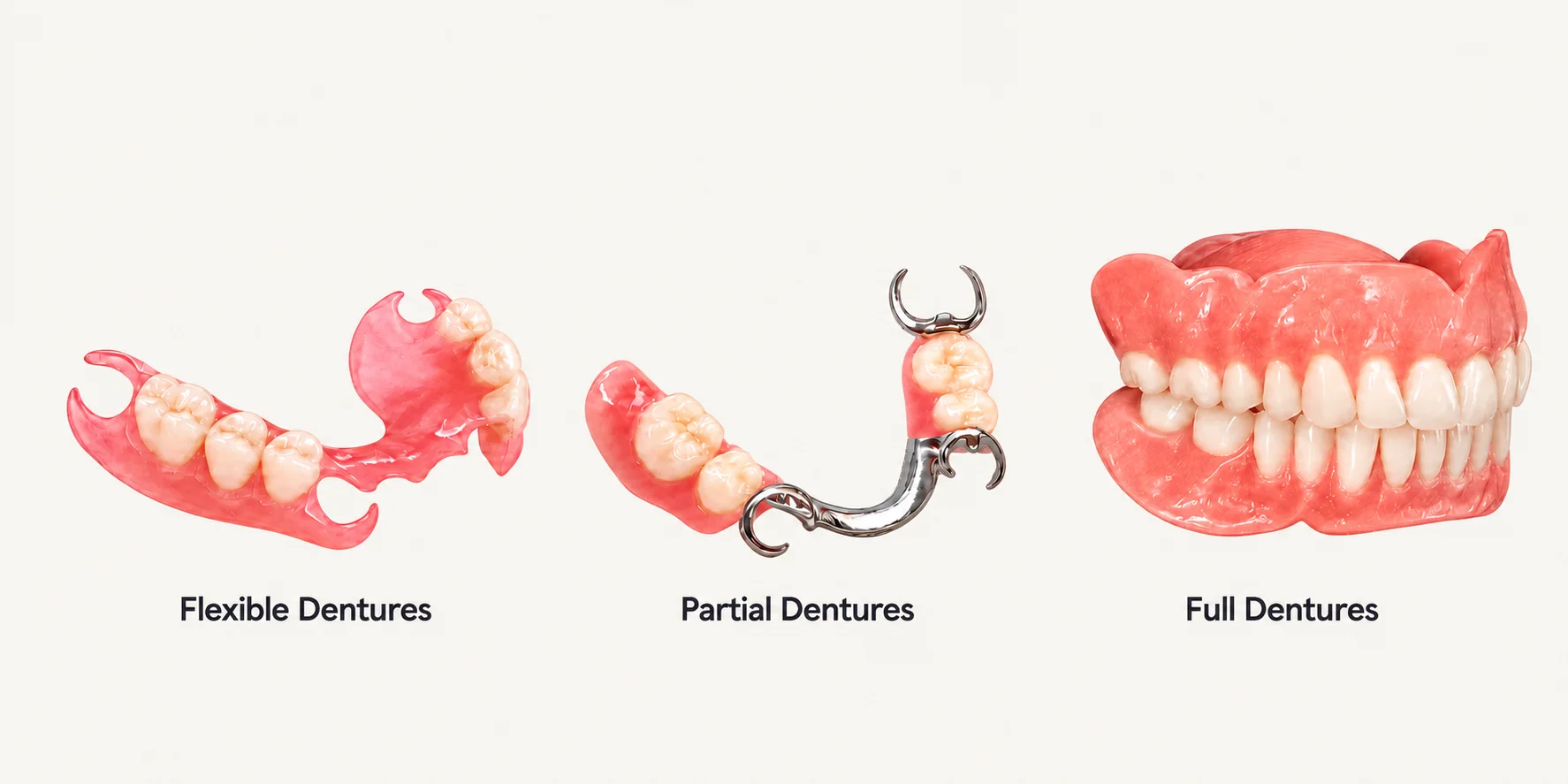 Full illustration comparing flexible, partial, and full denture options.