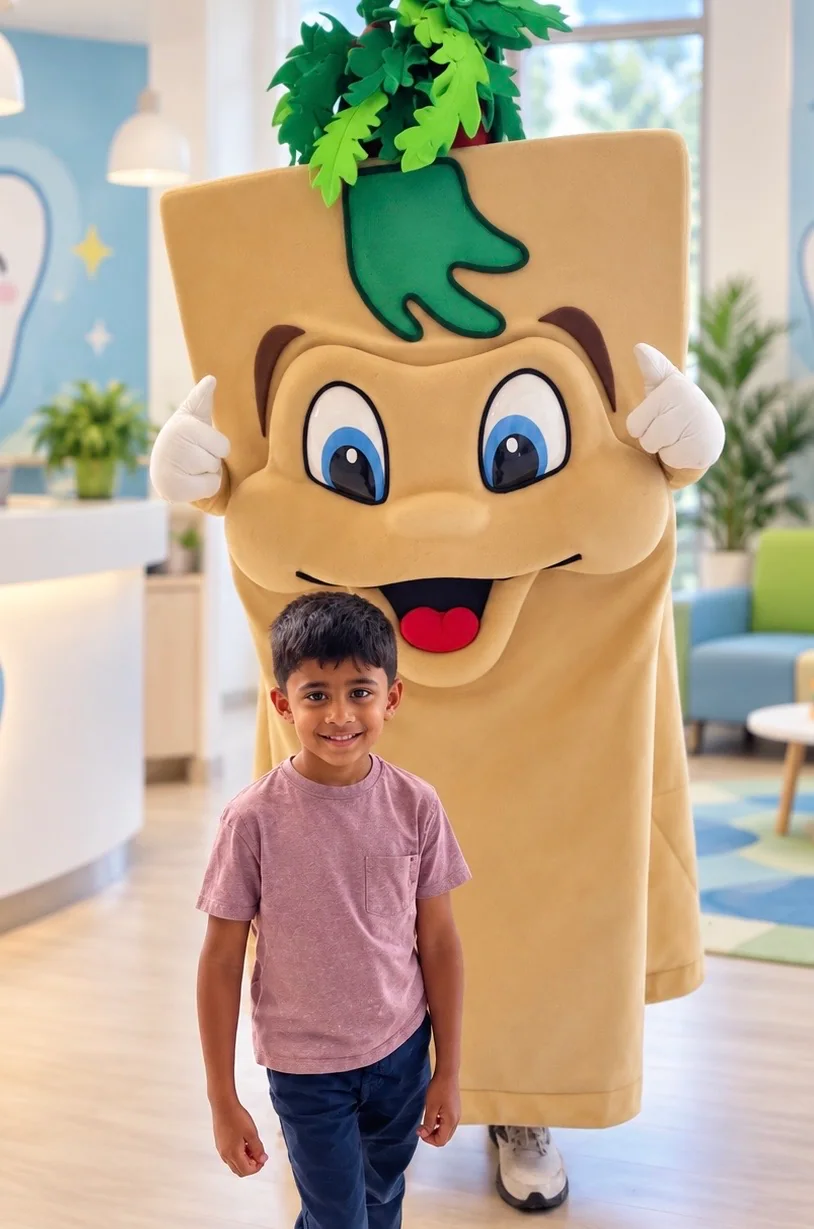 A smiling child standing with a friendly tooth character in a bright dental office.