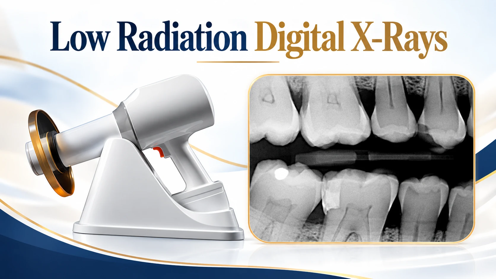 Digital X-ray sensor and dental radiographs illustrating low-radiation digital imaging.